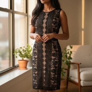 EUC Adrianna Papell Size 2P Black & Nude Crochet Lace Lined Sheath Dress!